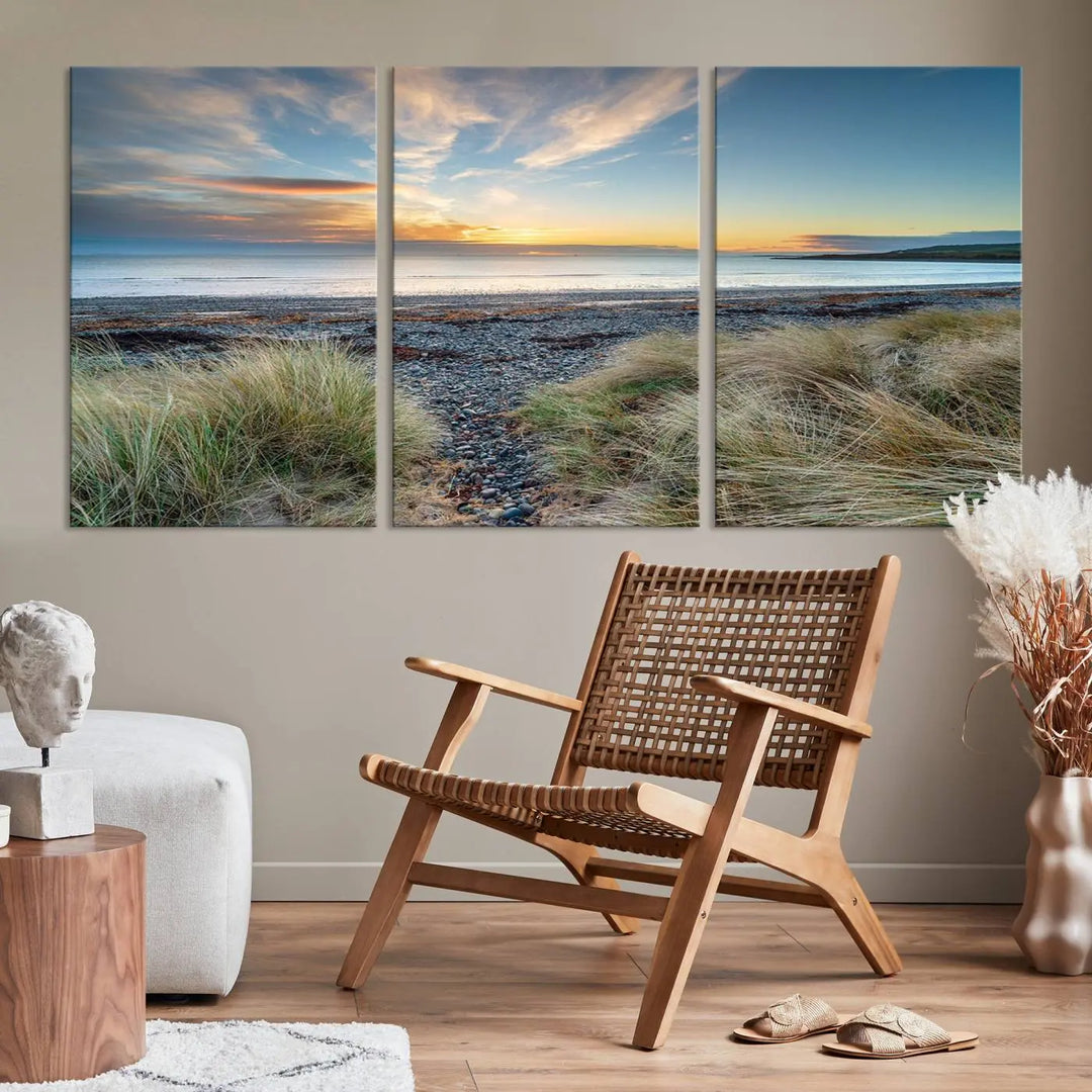 The living room features a Beach Sunset wall art canvas print gracing the wall, presented on museum-quality canvas with a UV-protective coating to ensure lasting vibrancy.