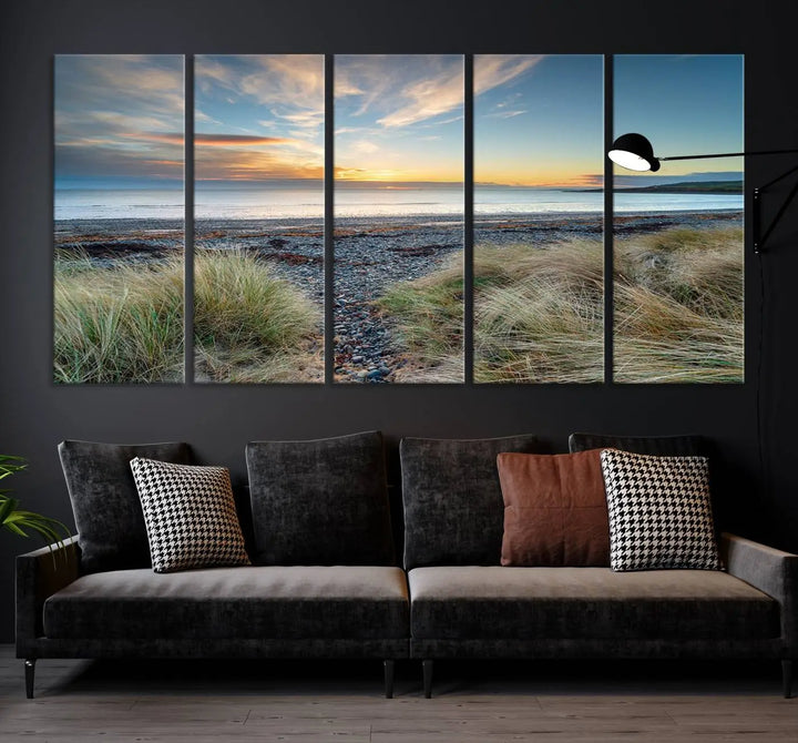 The living room features a Beach Sunset wall art canvas print gracing the wall, presented on museum-quality canvas with a UV-protective coating to ensure lasting vibrancy.