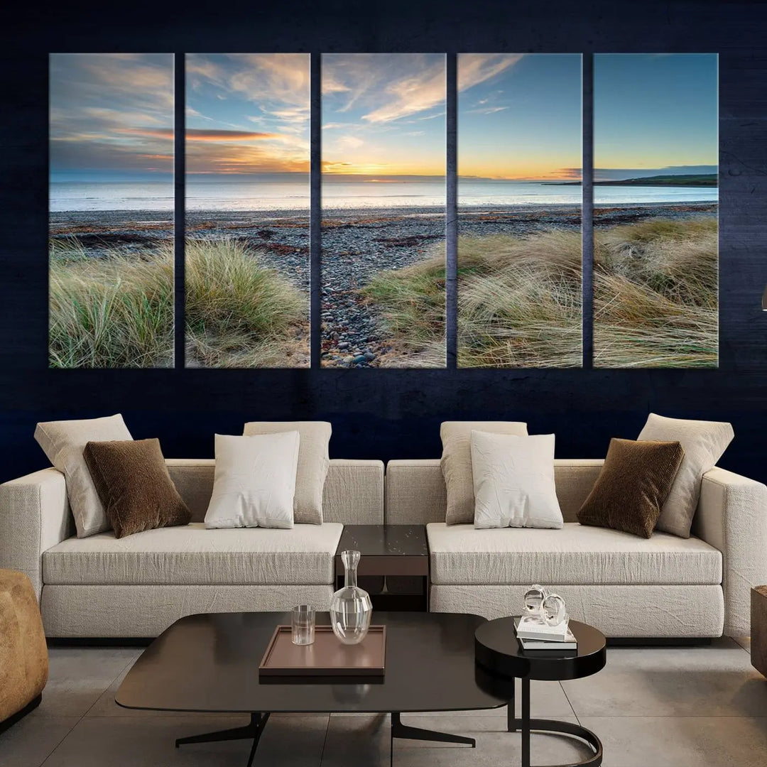 The living room features a Beach Sunset wall art canvas print gracing the wall, presented on museum-quality canvas with a UV-protective coating to ensure lasting vibrancy.