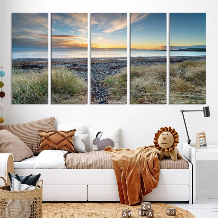 The living room features a Beach Sunset wall art canvas print gracing the wall, presented on museum-quality canvas with a UV-protective coating to ensure lasting vibrancy.