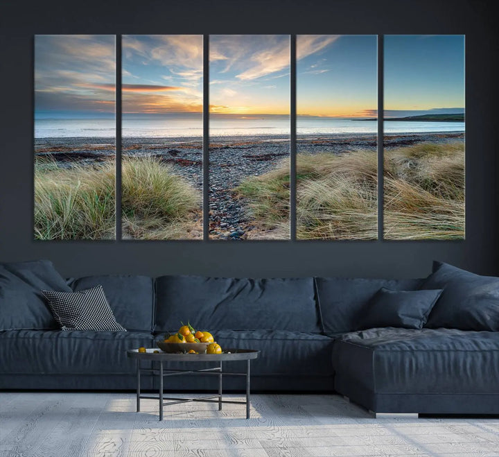 The living room features a Beach Sunset wall art canvas print gracing the wall, presented on museum-quality canvas with a UV-protective coating to ensure lasting vibrancy.