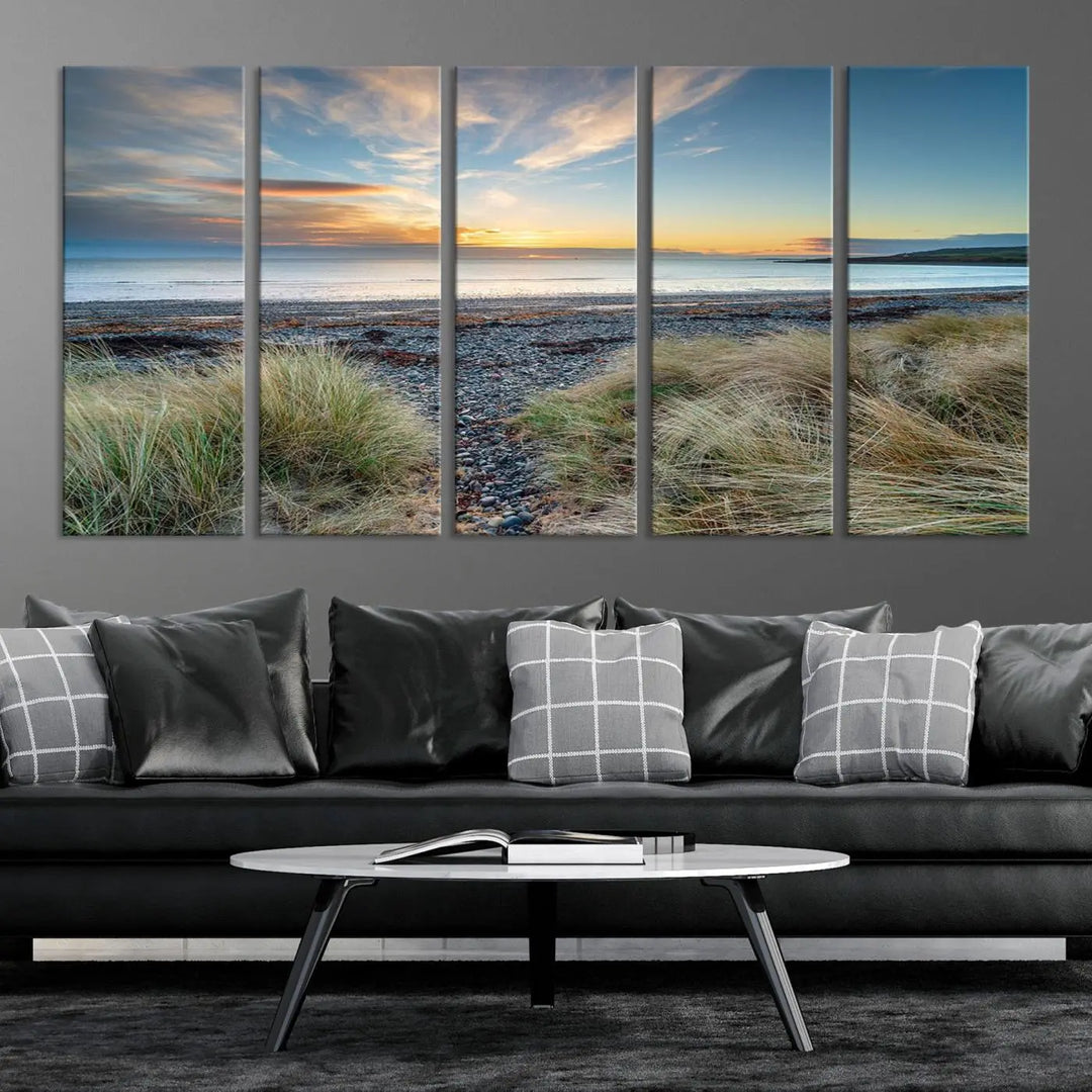 The living room features a Beach Sunset wall art canvas print gracing the wall, presented on museum-quality canvas with a UV-protective coating to ensure lasting vibrancy.