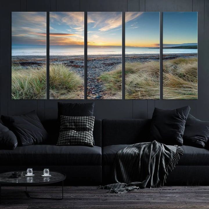 The living room features a Beach Sunset wall art canvas print gracing the wall, presented on museum-quality canvas with a UV-protective coating to ensure lasting vibrancy.