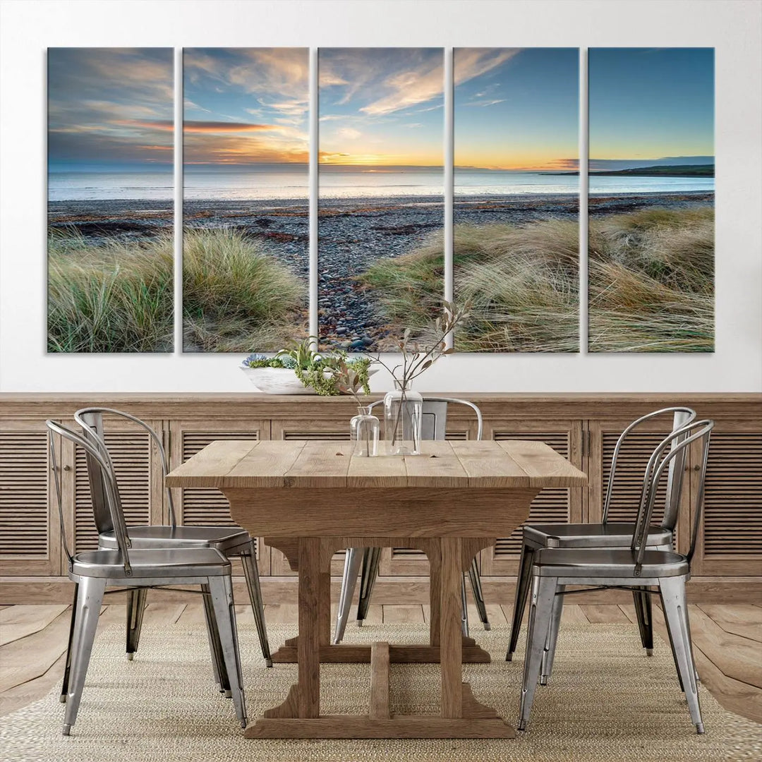 The living room features a Beach Sunset wall art canvas print gracing the wall, presented on museum-quality canvas with a UV-protective coating to ensure lasting vibrancy.