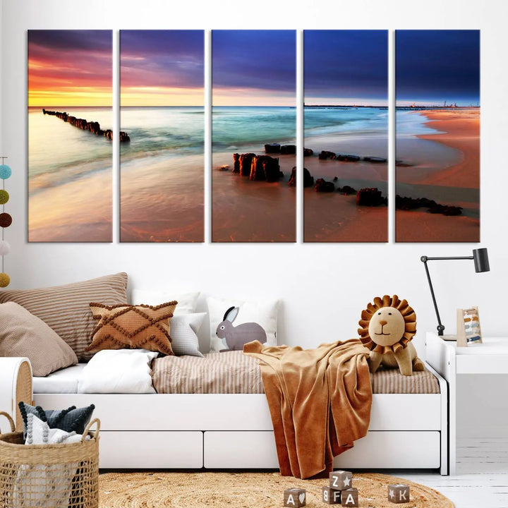 The gray wall in this living room is enhanced by a large beach triptych canvas wall art titled "Beach Sunset and Ocean Waves Canvas Wall Art, Set of 3, Seaside Serenity Coastal Decor," which captures the essence of a serene ocean scene.