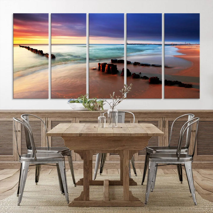 The gray wall in this living room is enhanced by a large beach triptych canvas wall art titled "Beach Sunset and Ocean Waves Canvas Wall Art, Set of 3, Seaside Serenity Coastal Decor," which captures the essence of a serene ocean scene.