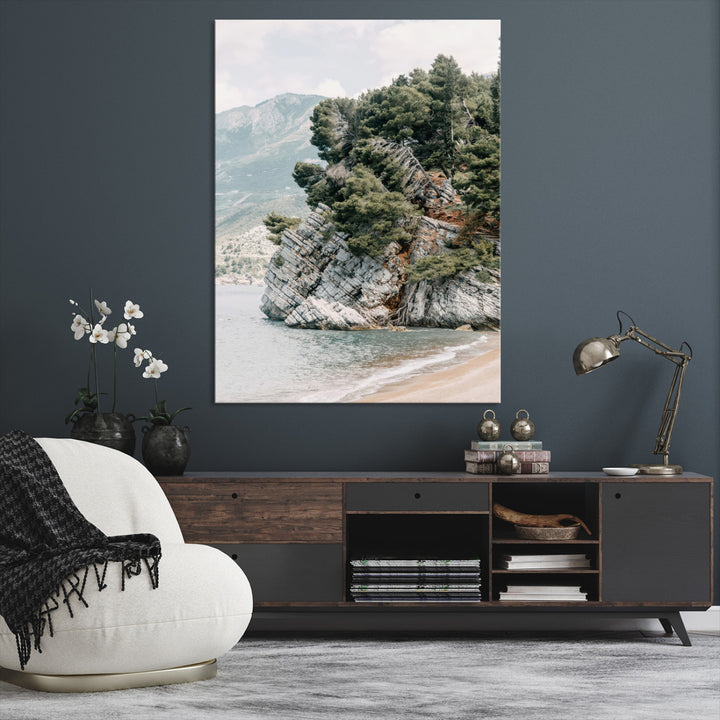 Beach Trees Wall Art Canvas Print, Earthy Beachside Print, Framed Beachside Nature Art Print, Large Coastal Trees Printing Rustic