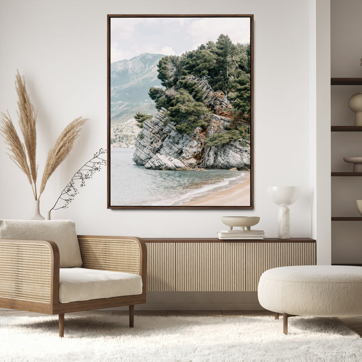 Beach Trees Wall Art Canvas Print, Earthy Beachside Print, Framed Beachside Nature Art Print, Large Coastal Trees Printing Rustic