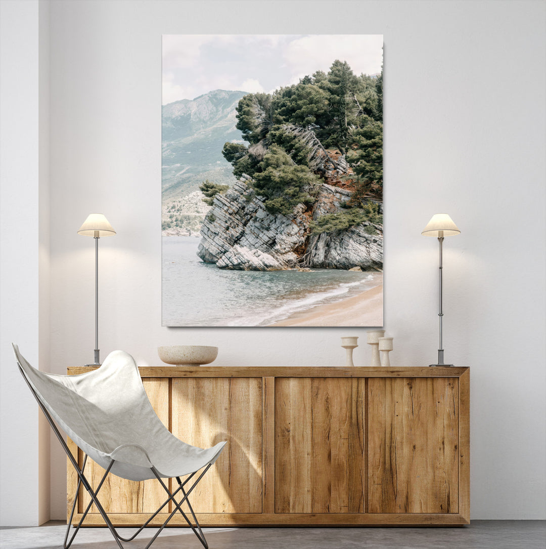 Beach Trees Wall Art Canvas Print, Earthy Beachside Print, Framed Beachside Nature Art Print, Large Coastal Trees Printing Rustic