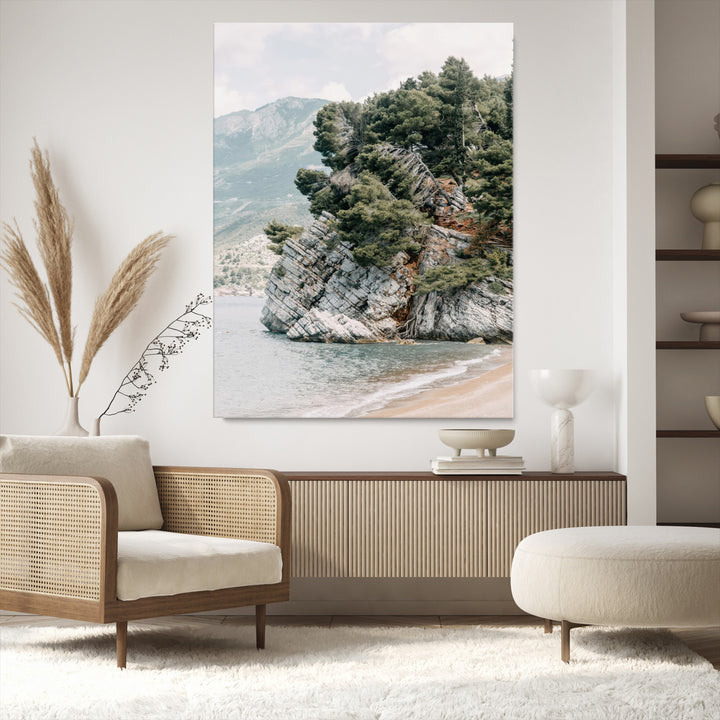 Beach Trees Wall Art Canvas Print, Earthy Beachside Print, Framed Beachside Nature Art Print, Large Coastal Trees Printing Rustic