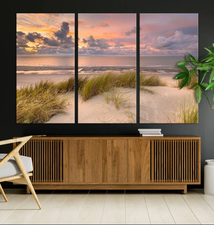 A triptych of serene sunset beach wall art graces the living room, with its museum-quality canvas accentuating the space. Each piece from the Beach Wall Art Canvas Print Sunset Artwork Print Coastal Wall Art collection comes ready to hang and features a UV-protective coating for lasting beauty.