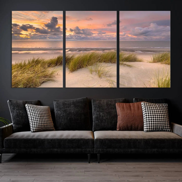 A triptych of serene sunset beach wall art graces the living room, with its museum-quality canvas accentuating the space. Each piece from the Beach Wall Art Canvas Print Sunset Artwork Print Coastal Wall Art collection comes ready to hang and features a UV-protective coating for lasting beauty.