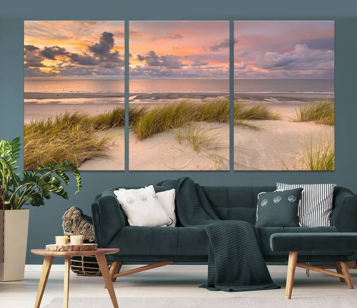 A triptych of serene sunset beach wall art graces the living room, with its museum-quality canvas accentuating the space. Each piece from the Beach Wall Art Canvas Print Sunset Artwork Print Coastal Wall Art collection comes ready to hang and features a UV-protective coating for lasting beauty.