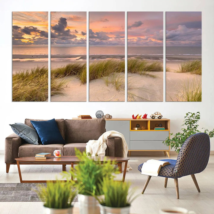 A triptych of serene sunset beach wall art graces the living room, with its museum-quality canvas accentuating the space. Each piece from the Beach Wall Art Canvas Print Sunset Artwork Print Coastal Wall Art collection comes ready to hang and features a UV-protective coating for lasting beauty.