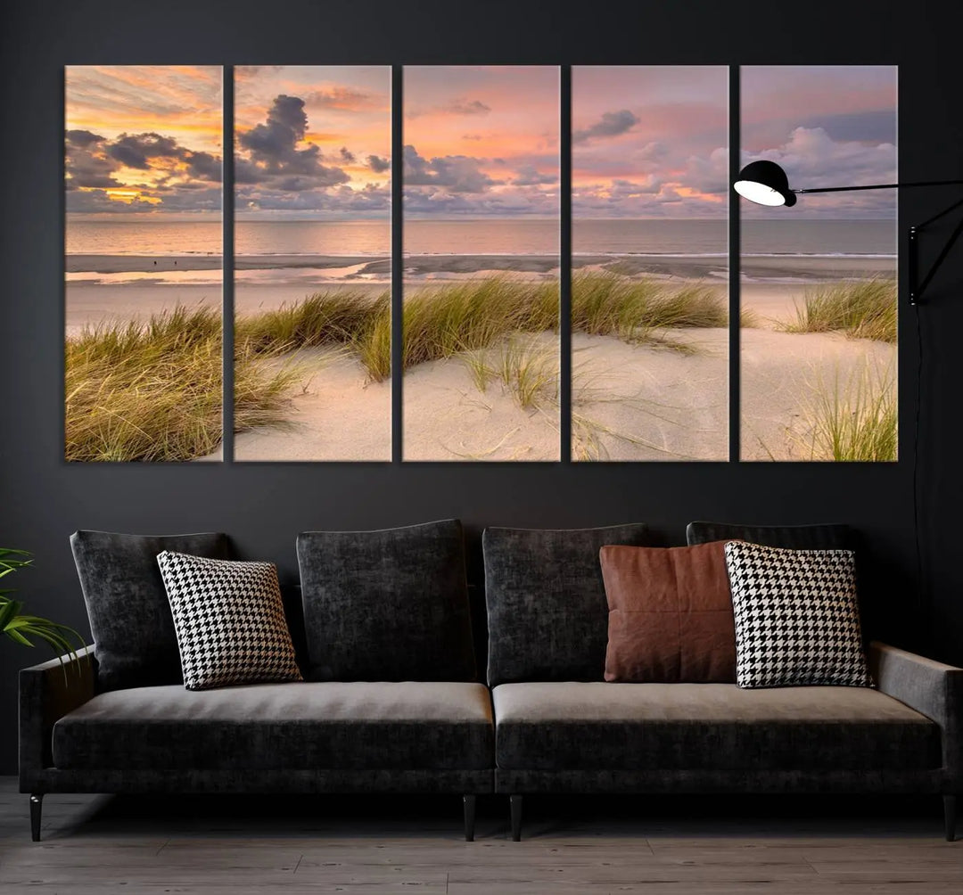 A triptych of serene sunset beach wall art graces the living room, with its museum-quality canvas accentuating the space. Each piece from the Beach Wall Art Canvas Print Sunset Artwork Print Coastal Wall Art collection comes ready to hang and features a UV-protective coating for lasting beauty.