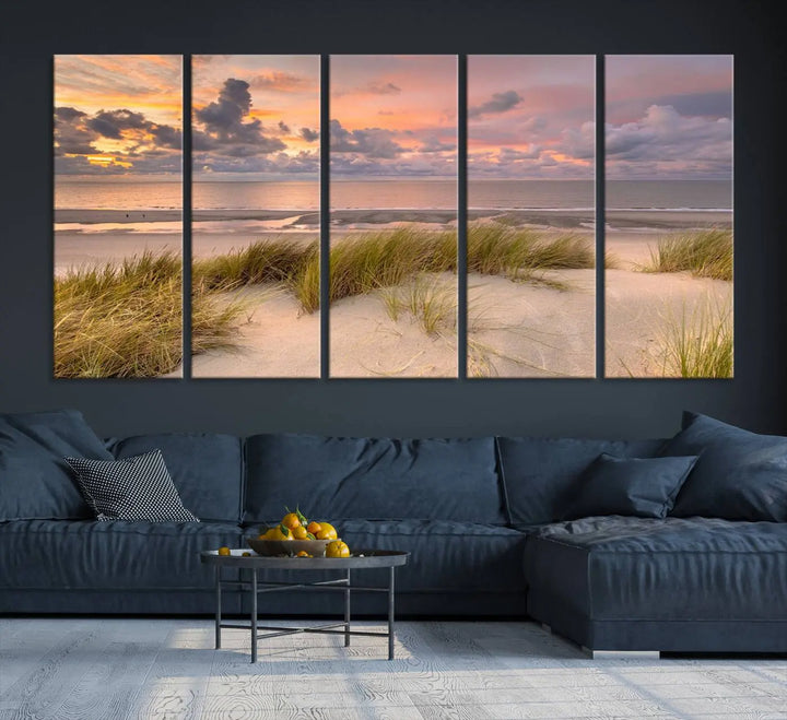 A triptych of serene sunset beach wall art graces the living room, with its museum-quality canvas accentuating the space. Each piece from the Beach Wall Art Canvas Print Sunset Artwork Print Coastal Wall Art collection comes ready to hang and features a UV-protective coating for lasting beauty.