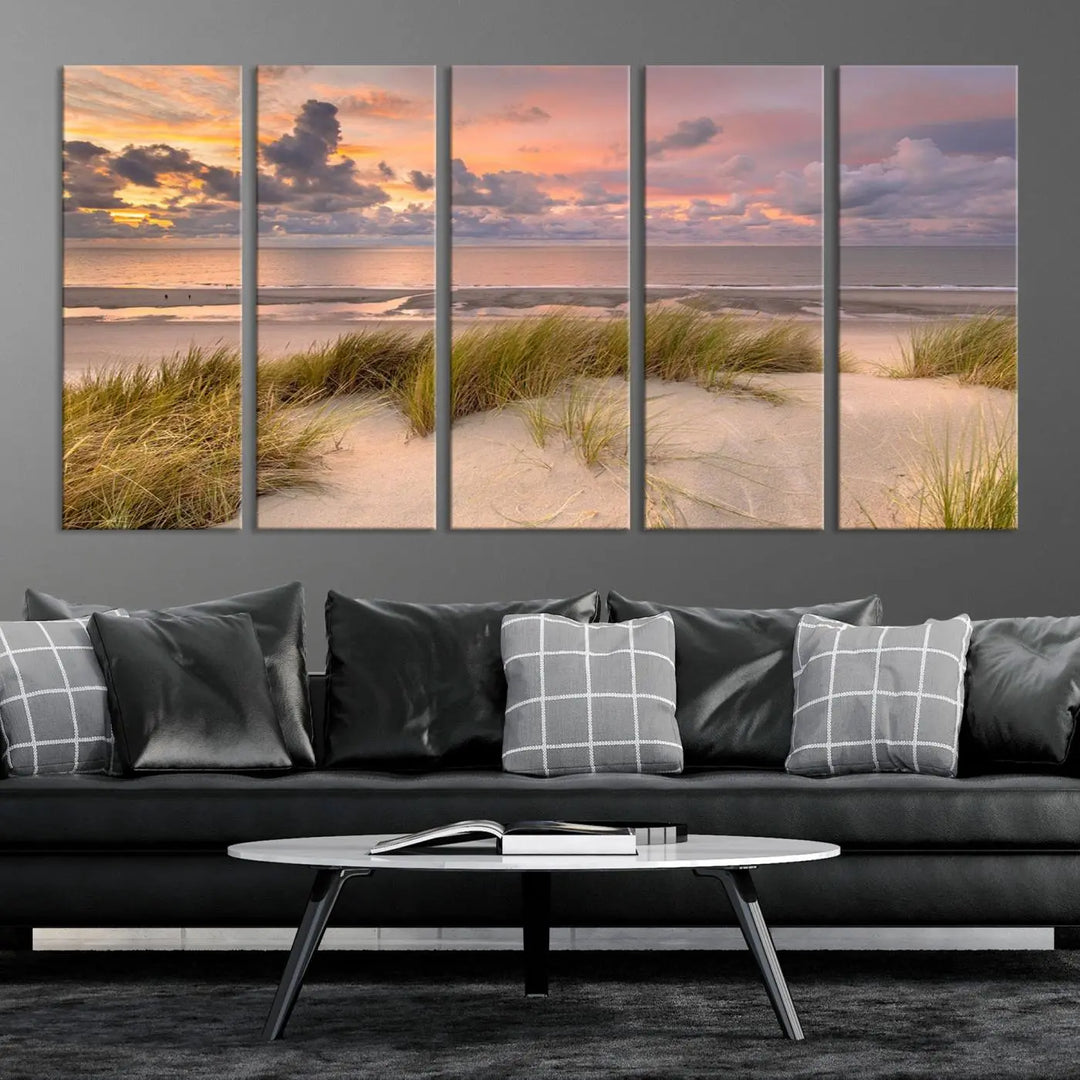 A triptych of serene sunset beach wall art graces the living room, with its museum-quality canvas accentuating the space. Each piece from the Beach Wall Art Canvas Print Sunset Artwork Print Coastal Wall Art collection comes ready to hang and features a UV-protective coating for lasting beauty.