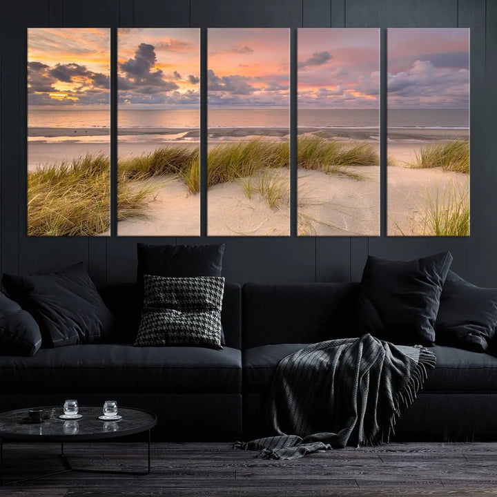 A triptych of serene sunset beach wall art graces the living room, with its museum-quality canvas accentuating the space. Each piece from the Beach Wall Art Canvas Print Sunset Artwork Print Coastal Wall Art collection comes ready to hang and features a UV-protective coating for lasting beauty.