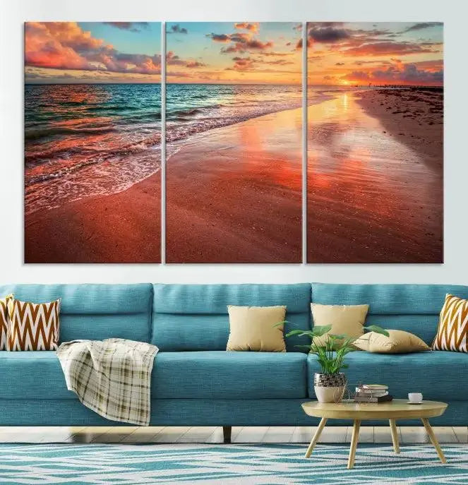 The "Beach and Red Sunset Wall Art Canvas Print" features a triptych of a vibrant beach sunset. These museum-quality canvases come with a UV-protective coating and are ready to hang, offering an instant touch of elegance.