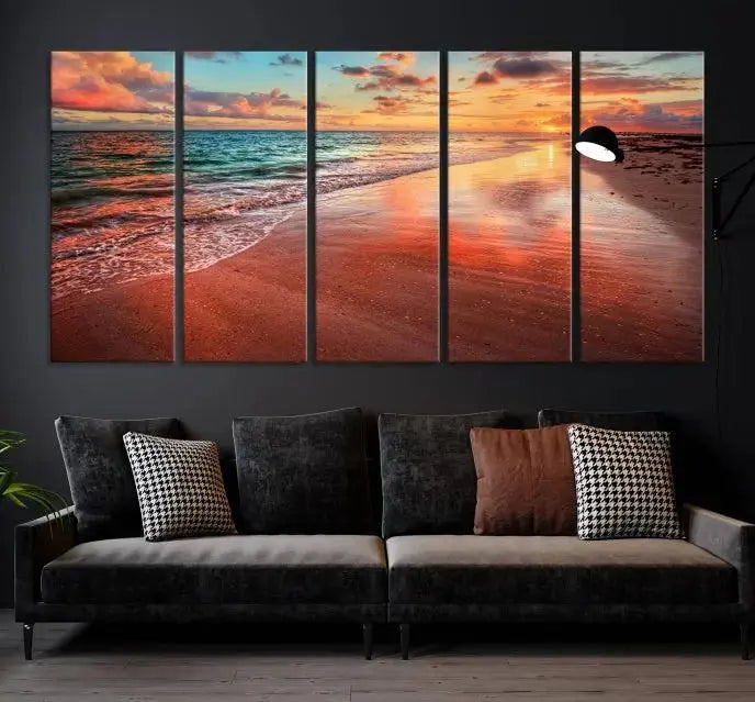 The "Beach and Red Sunset Wall Art Canvas Print" features a triptych of a vibrant beach sunset. These museum-quality canvases come with a UV-protective coating and are ready to hang, offering an instant touch of elegance.