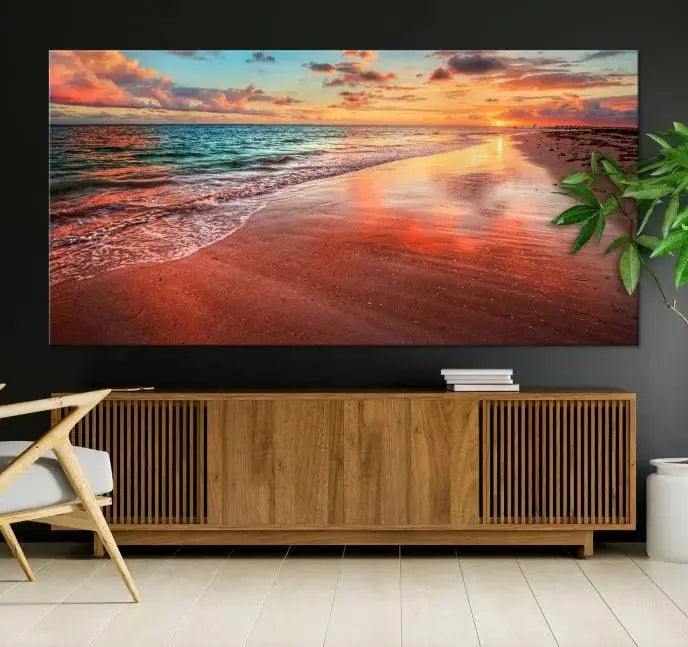 The "Beach and Red Sunset Wall Art Canvas Print" features a triptych of a vibrant beach sunset. These museum-quality canvases come with a UV-protective coating and are ready to hang, offering an instant touch of elegance.