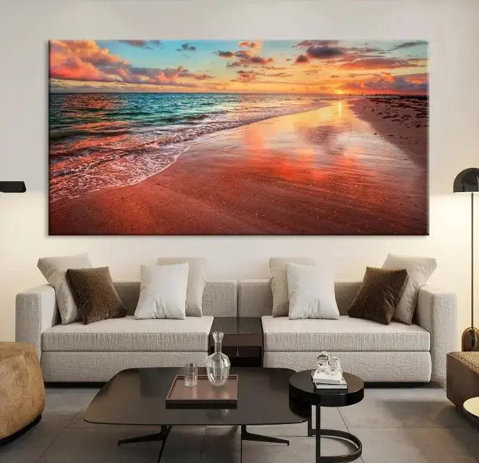 The "Beach and Red Sunset Wall Art Canvas Print" features a triptych of a vibrant beach sunset. These museum-quality canvases come with a UV-protective coating and are ready to hang, offering an instant touch of elegance.