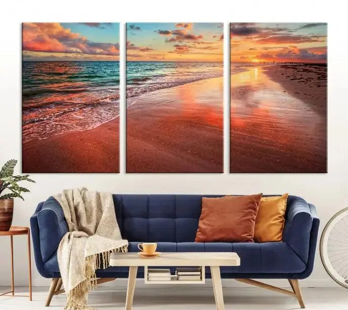 The "Beach and Red Sunset Wall Art Canvas Print" features a triptych of a vibrant beach sunset. These museum-quality canvases come with a UV-protective coating and are ready to hang, offering an instant touch of elegance.