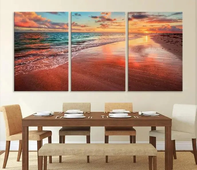 The "Beach and Red Sunset Wall Art Canvas Print" features a triptych of a vibrant beach sunset. These museum-quality canvases come with a UV-protective coating and are ready to hang, offering an instant touch of elegance.