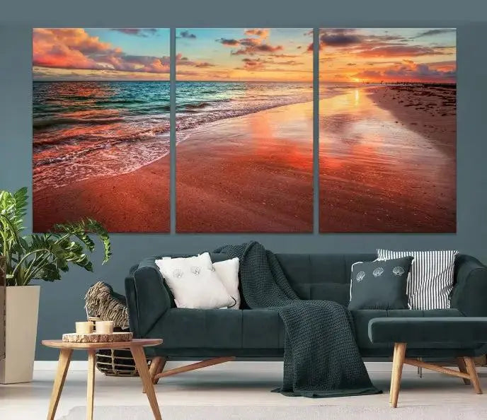 The "Beach and Red Sunset Wall Art Canvas Print" features a triptych of a vibrant beach sunset. These museum-quality canvases come with a UV-protective coating and are ready to hang, offering an instant touch of elegance.