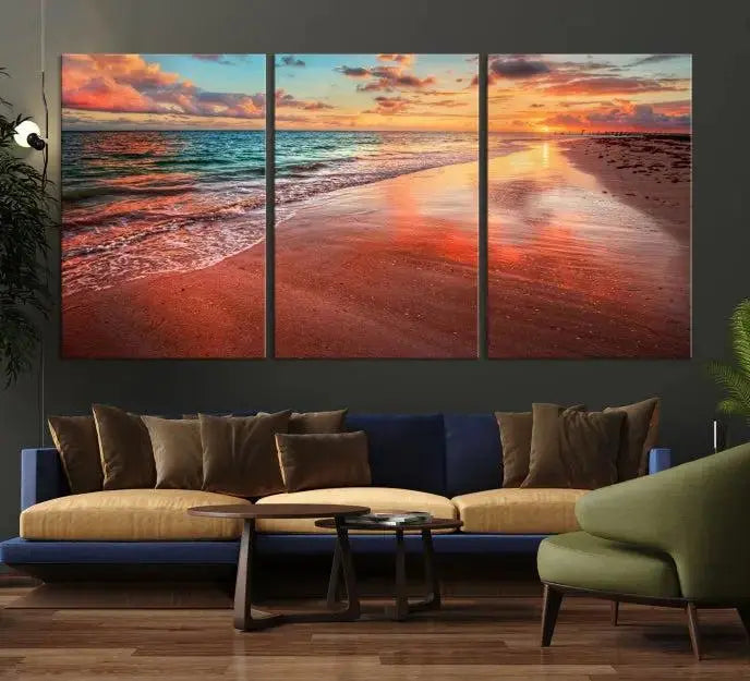 The "Beach and Red Sunset Wall Art Canvas Print" features a triptych of a vibrant beach sunset. These museum-quality canvases come with a UV-protective coating and are ready to hang, offering an instant touch of elegance.