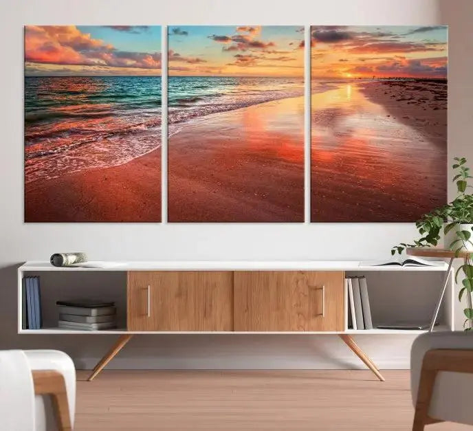 The "Beach and Red Sunset Wall Art Canvas Print" features a triptych of a vibrant beach sunset. These museum-quality canvases come with a UV-protective coating and are ready to hang, offering an instant touch of elegance.