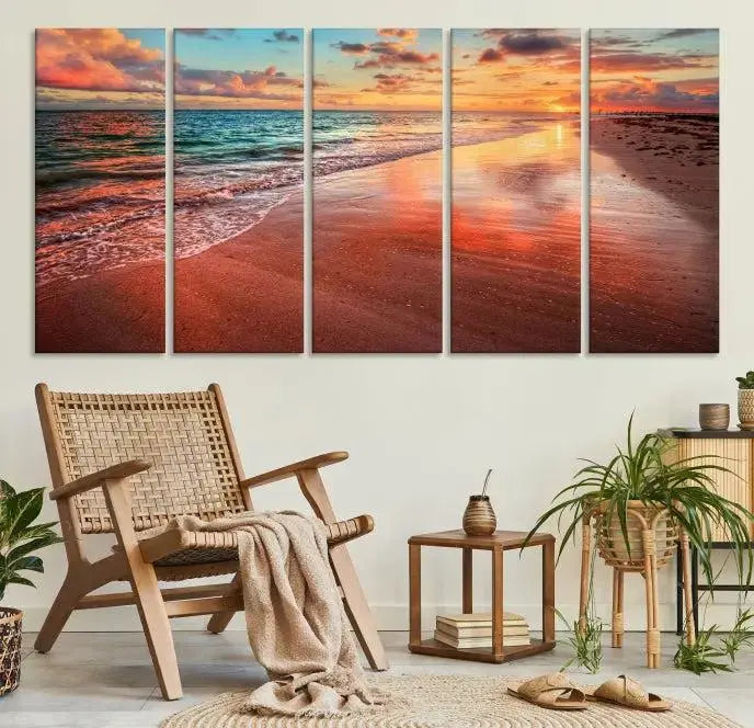 The "Beach and Red Sunset Wall Art Canvas Print" features a triptych of a vibrant beach sunset. These museum-quality canvases come with a UV-protective coating and are ready to hang, offering an instant touch of elegance.