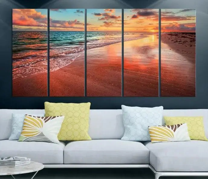 The "Beach and Red Sunset Wall Art Canvas Print" features a triptych of a vibrant beach sunset. These museum-quality canvases come with a UV-protective coating and are ready to hang, offering an instant touch of elegance.