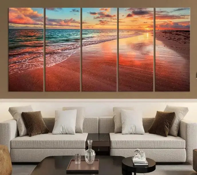 The "Beach and Red Sunset Wall Art Canvas Print" features a triptych of a vibrant beach sunset. These museum-quality canvases come with a UV-protective coating and are ready to hang, offering an instant touch of elegance.