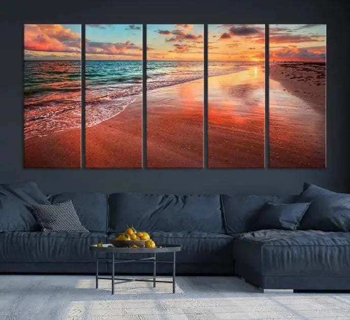 The "Beach and Red Sunset Wall Art Canvas Print" features a triptych of a vibrant beach sunset. These museum-quality canvases come with a UV-protective coating and are ready to hang, offering an instant touch of elegance.