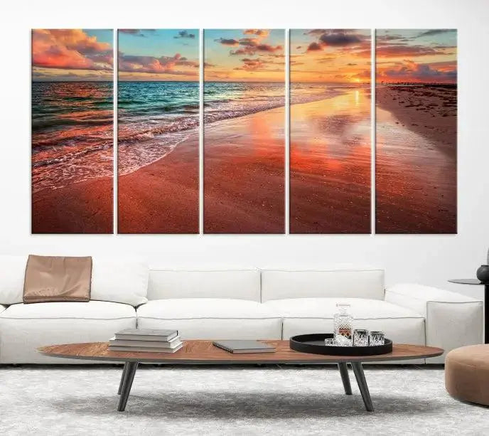 The "Beach and Red Sunset Wall Art Canvas Print" features a triptych of a vibrant beach sunset. These museum-quality canvases come with a UV-protective coating and are ready to hang, offering an instant touch of elegance.