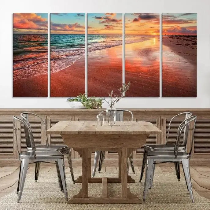 The "Beach and Red Sunset Wall Art Canvas Print" features a triptych of a vibrant beach sunset. These museum-quality canvases come with a UV-protective coating and are ready to hang, offering an instant touch of elegance.