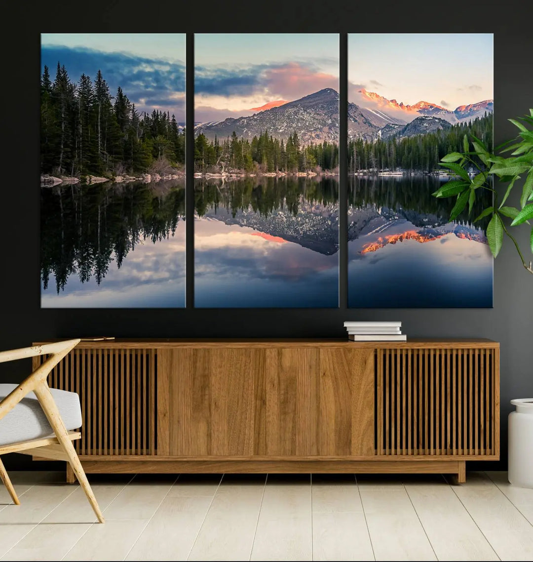 Transform your living room with the Bear Lake Reflection at Rocky Mountain National Park Wall Art Canvas Print – a captivating piece that showcases the serene beauty of this scenic mountain landscape.