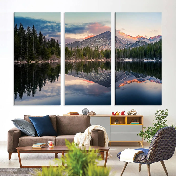 Transform your living room with the Bear Lake Reflection at Rocky Mountain National Park Wall Art Canvas Print – a captivating piece that showcases the serene beauty of this scenic mountain landscape.