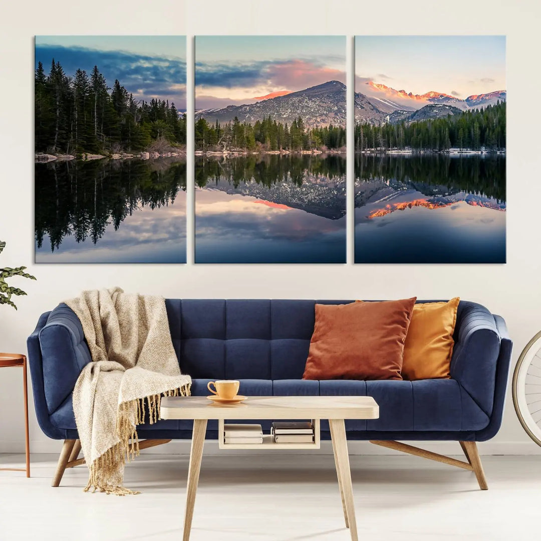 A framed canvas print titled "Bear Lake Reflections at Rocky Mountain National Park," showcasing breathtaking mountain and lake scenery at sunset, is displayed.