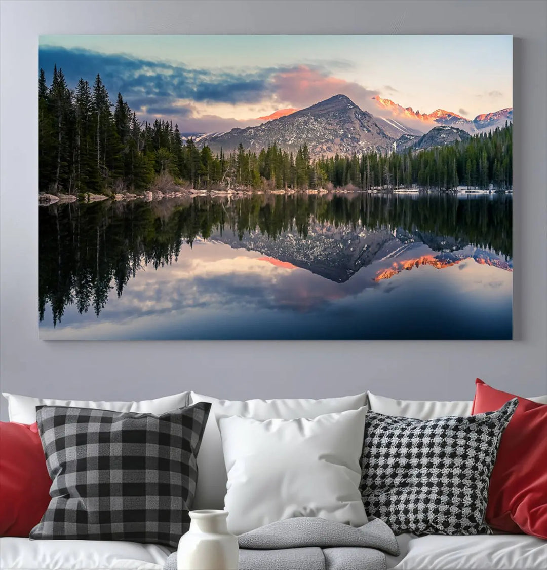 A framed canvas print titled "Bear Lake Reflections at Rocky Mountain National Park," showcasing breathtaking mountain and lake scenery at sunset, is displayed.