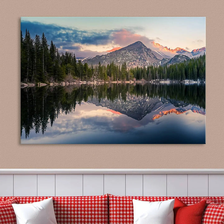 A framed canvas print titled "Bear Lake Reflections at Rocky Mountain National Park," showcasing breathtaking mountain and lake scenery at sunset, is displayed.