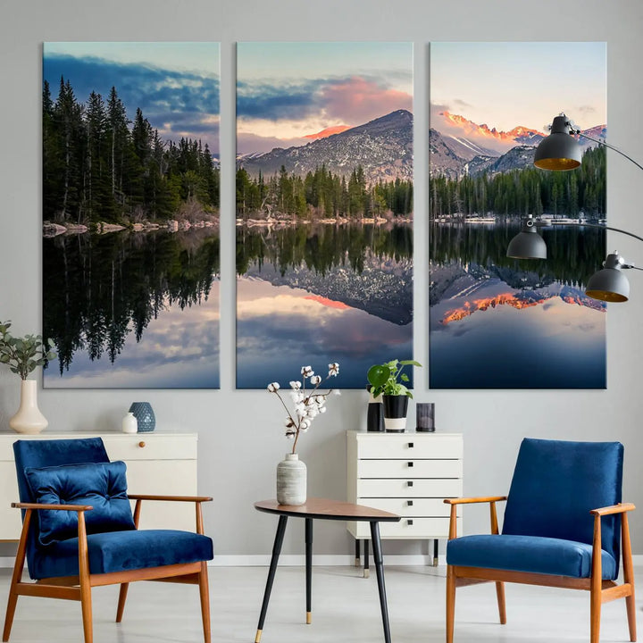 A framed canvas print titled "Bear Lake Reflections at Rocky Mountain National Park," showcasing breathtaking mountain and lake scenery at sunset, is displayed.