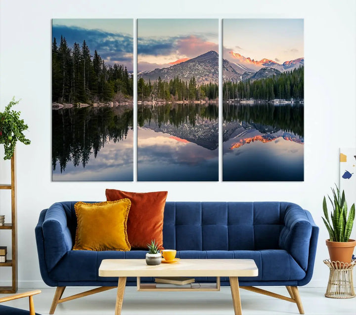 A framed canvas print titled "Bear Lake Reflections at Rocky Mountain National Park," showcasing breathtaking mountain and lake scenery at sunset, is displayed.