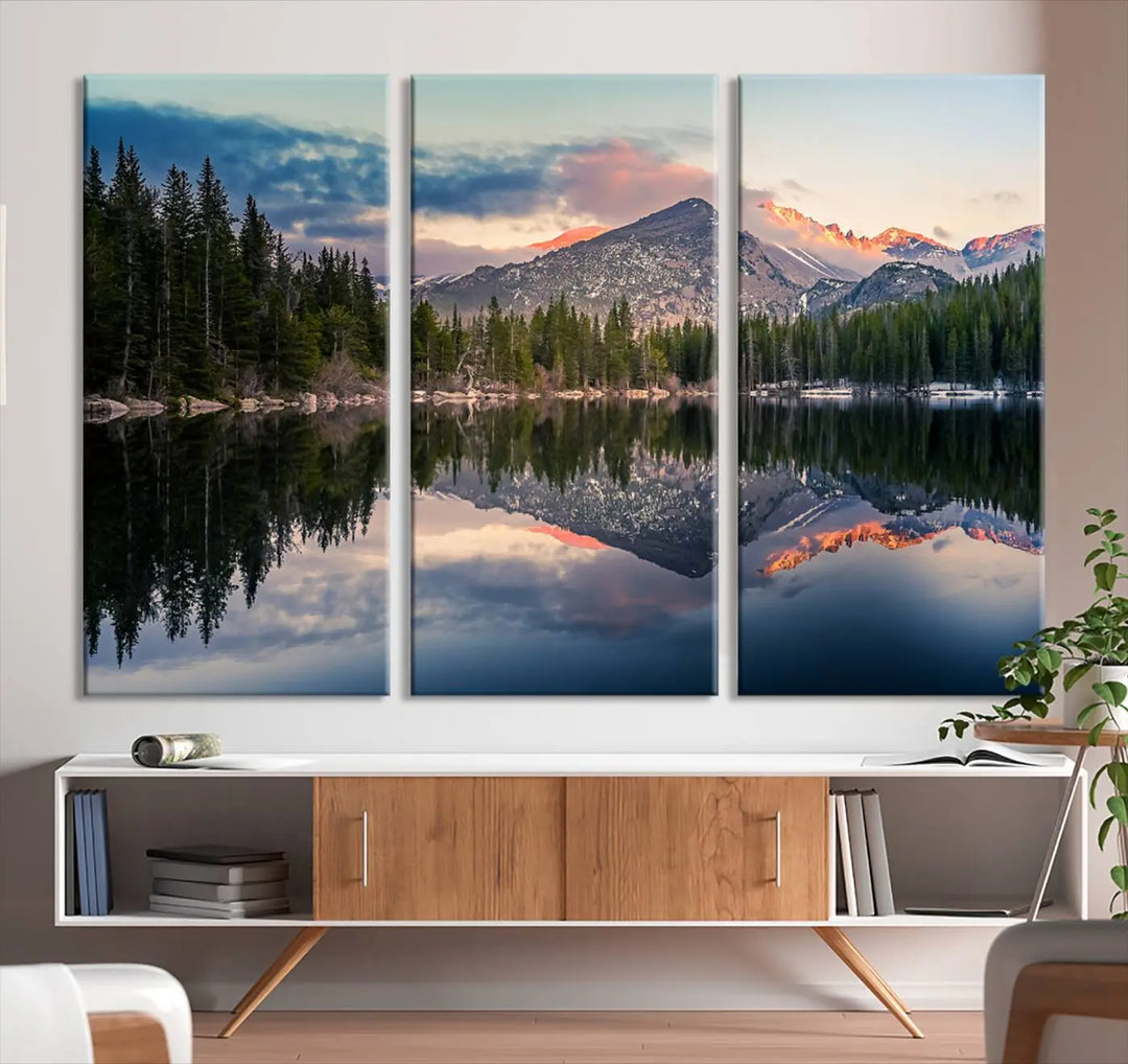 A framed canvas print titled "Bear Lake Reflections at Rocky Mountain National Park," showcasing breathtaking mountain and lake scenery at sunset, is displayed.