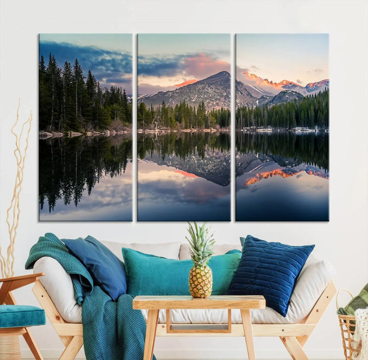 A framed canvas print titled "Bear Lake Reflections at Rocky Mountain National Park," showcasing breathtaking mountain and lake scenery at sunset, is displayed.