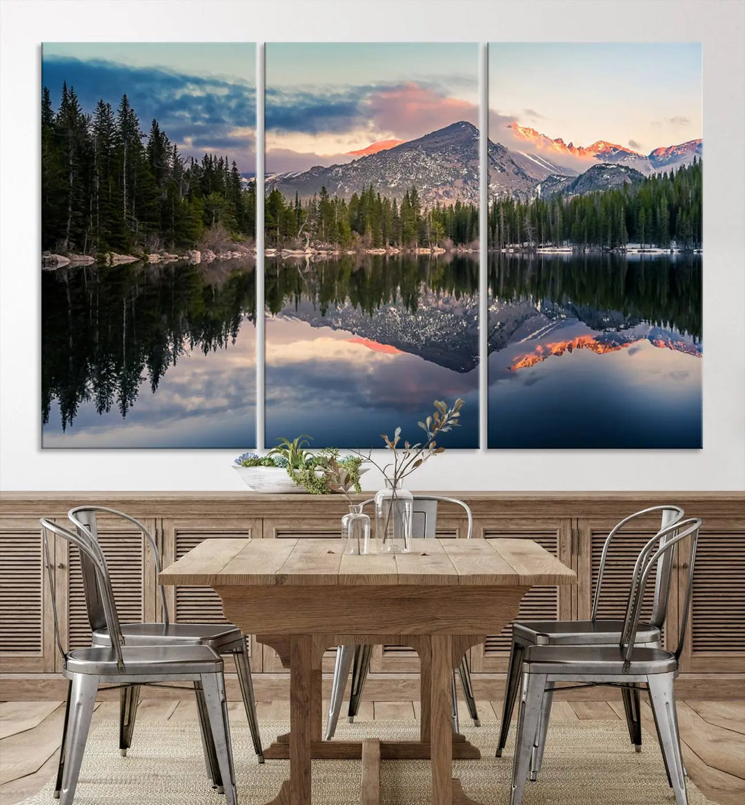 A framed canvas print titled "Bear Lake Reflections at Rocky Mountain National Park," showcasing breathtaking mountain and lake scenery at sunset, is displayed.