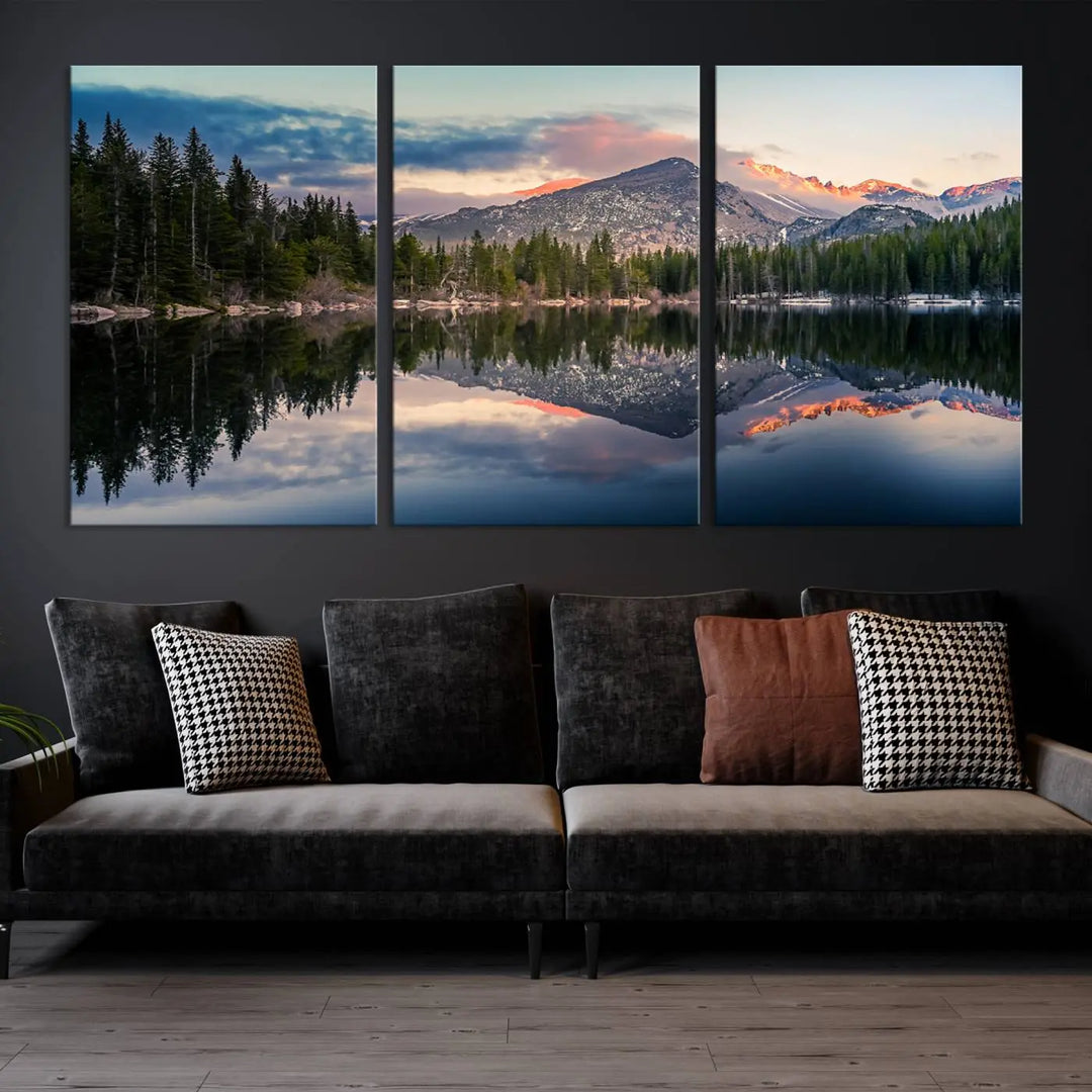 A framed canvas print titled "Bear Lake Reflections at Rocky Mountain National Park," showcasing breathtaking mountain and lake scenery at sunset, is displayed.