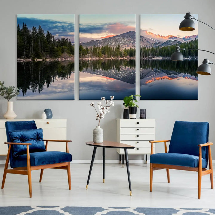 A framed canvas print titled "Bear Lake Reflections at Rocky Mountain National Park," showcasing breathtaking mountain and lake scenery at sunset, is displayed.