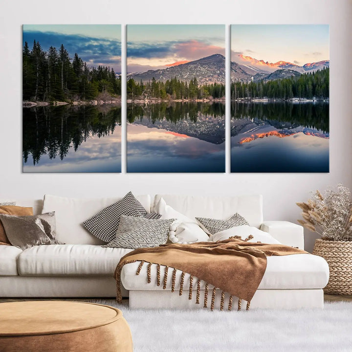 A framed canvas print titled "Bear Lake Reflections at Rocky Mountain National Park," showcasing breathtaking mountain and lake scenery at sunset, is displayed.